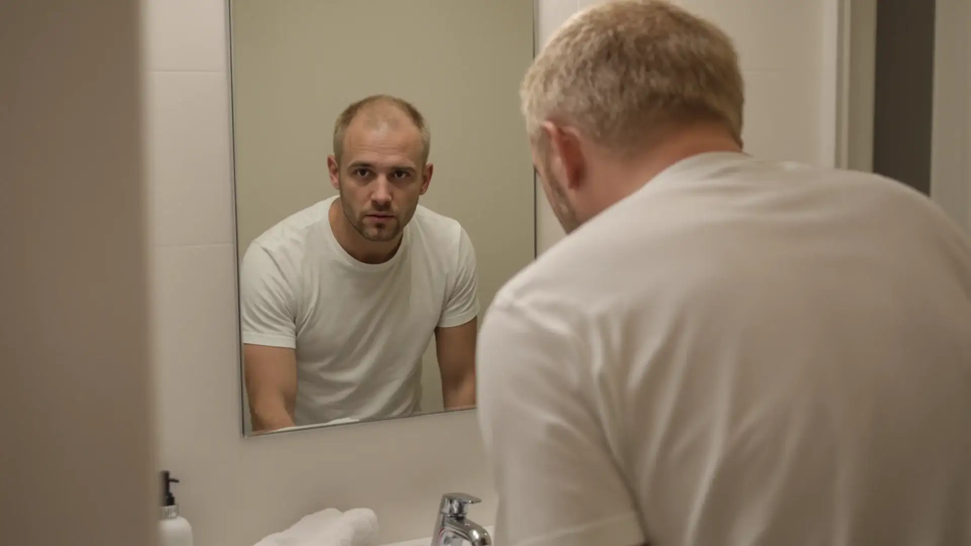 UK man with thinning hair checking hairline in bathroom mirror