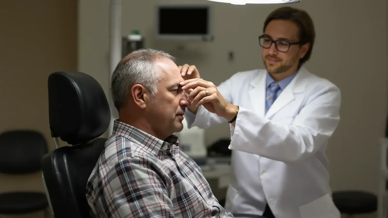 Doctor examining a patient's thinning spot during a hair-loss consultation