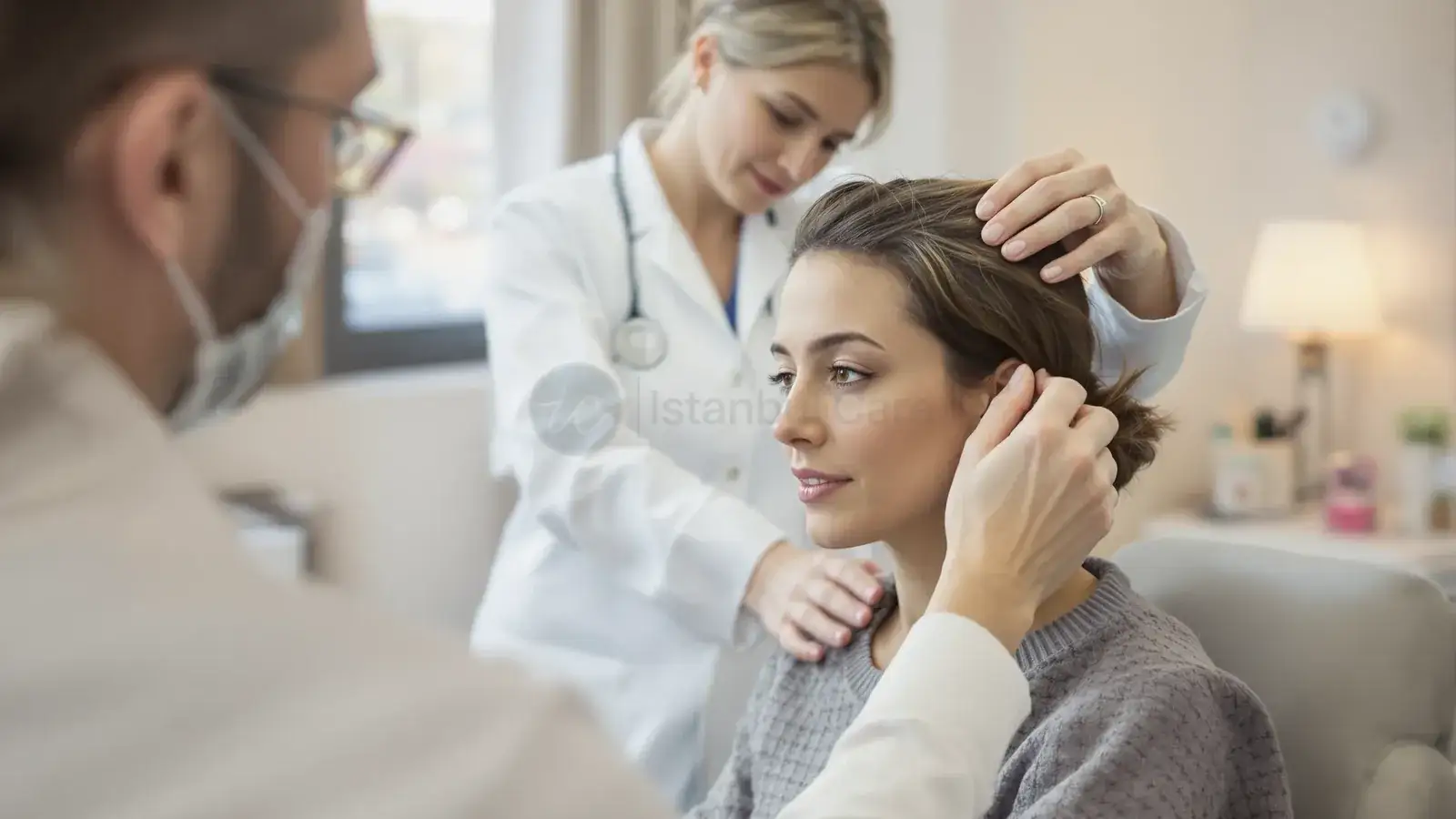 Doctor examining woman's thinning hair in a bright clinic