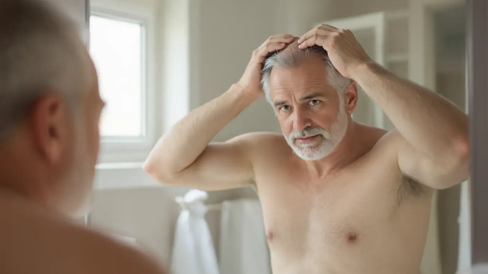 Man examining thinning hair at his crown in a bathroom mirror.