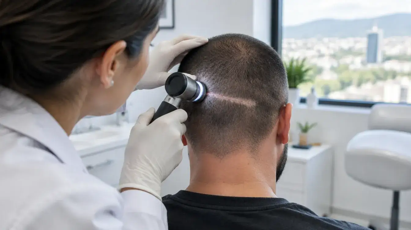 Medico che esamina con un dermatoscopio una cicatrice lineare sul cuoio capelluto di un paziente
