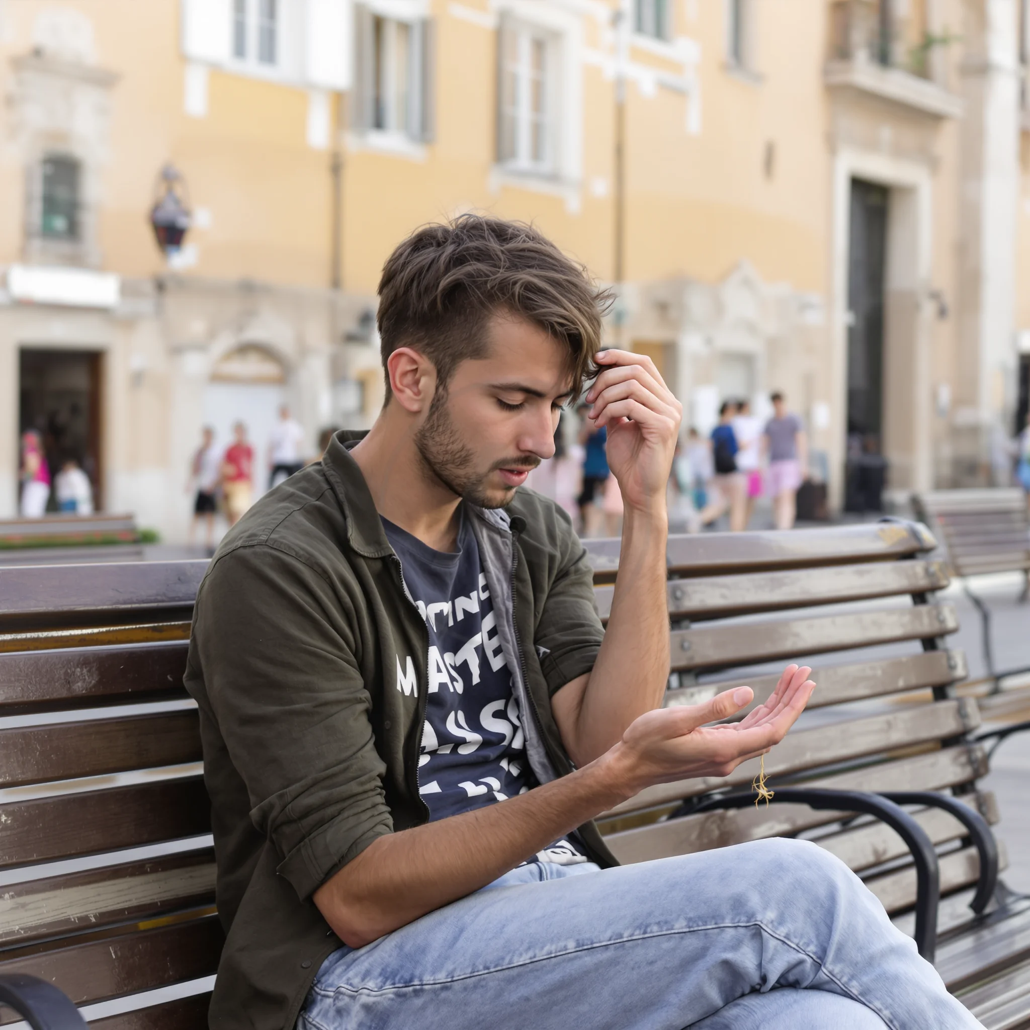 I ri ne stol duke pare floket e mbetur ne pellembe
