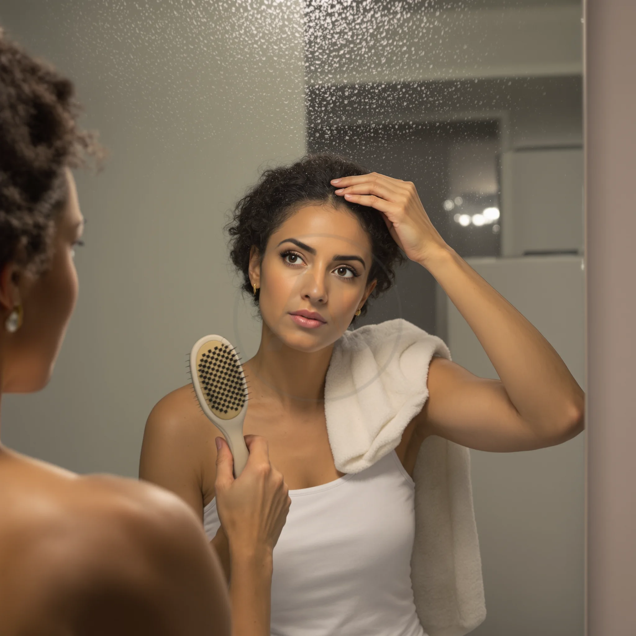 Woman holding a hairbrush in front of the bathroom mirror