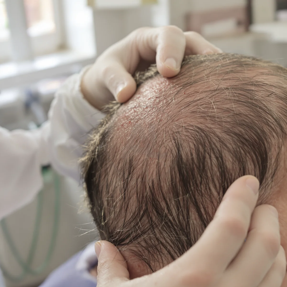 Gloved specialist examining a thinning scalp during diagnosis