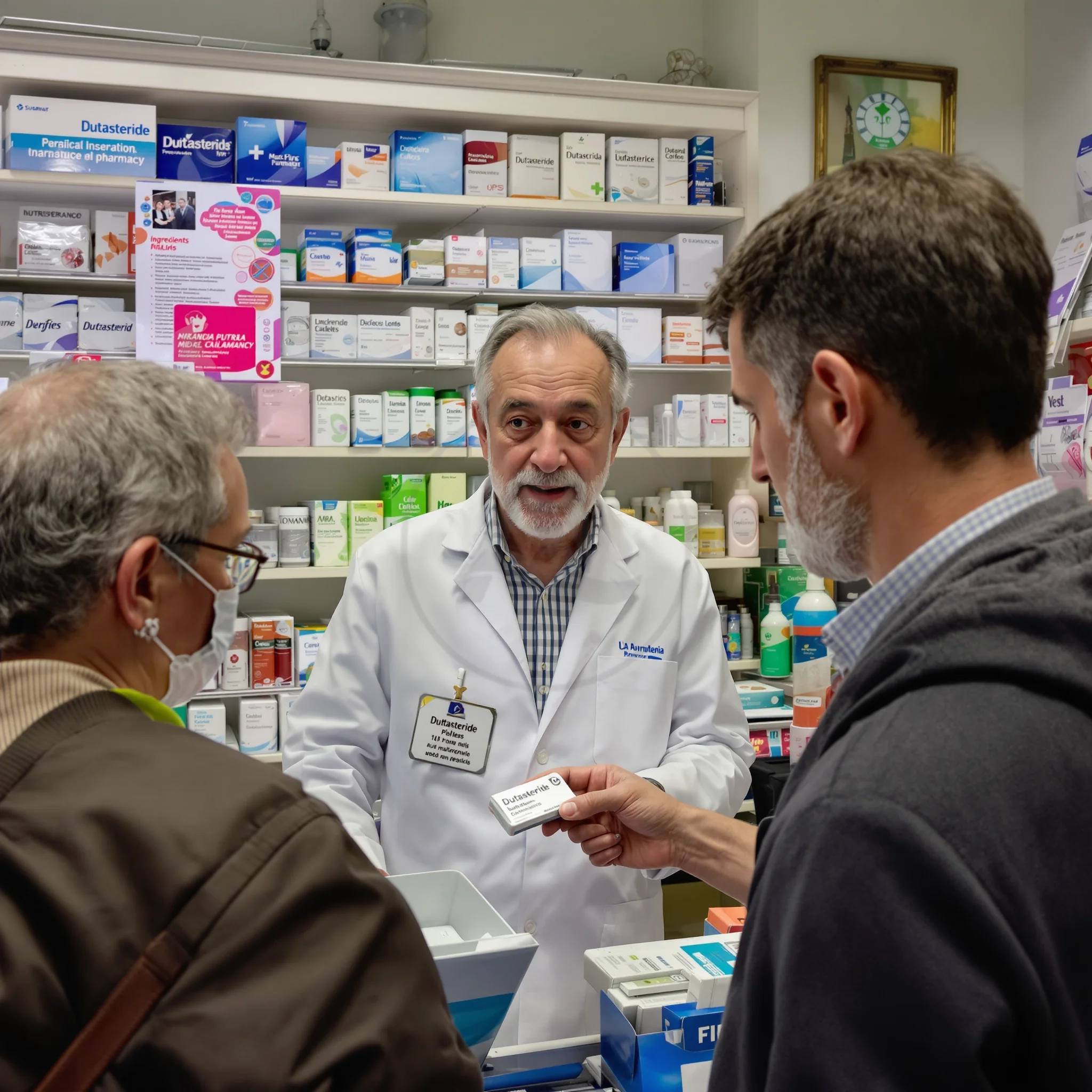 Pharmacist handing a box of dutasteride to a customer