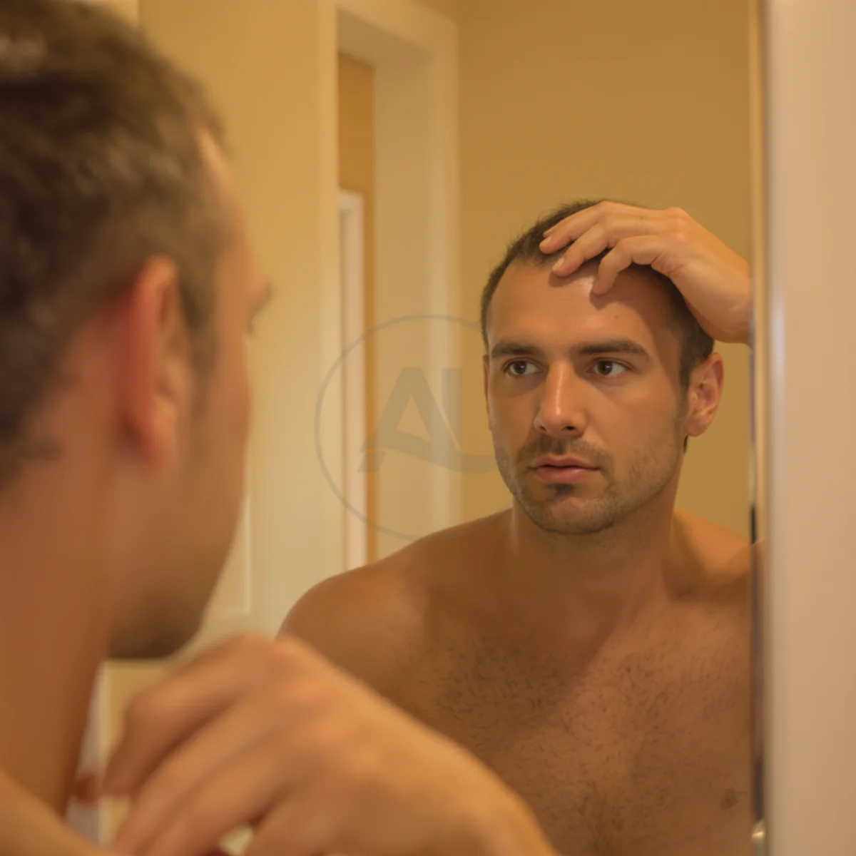 Man checking his hairline in the mirror to track regrowth through the shock loss phases – Albania Hair Clinic
