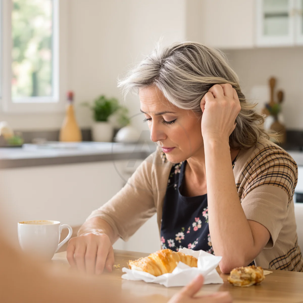 Donna che osserva le tempie stempiate in cucina