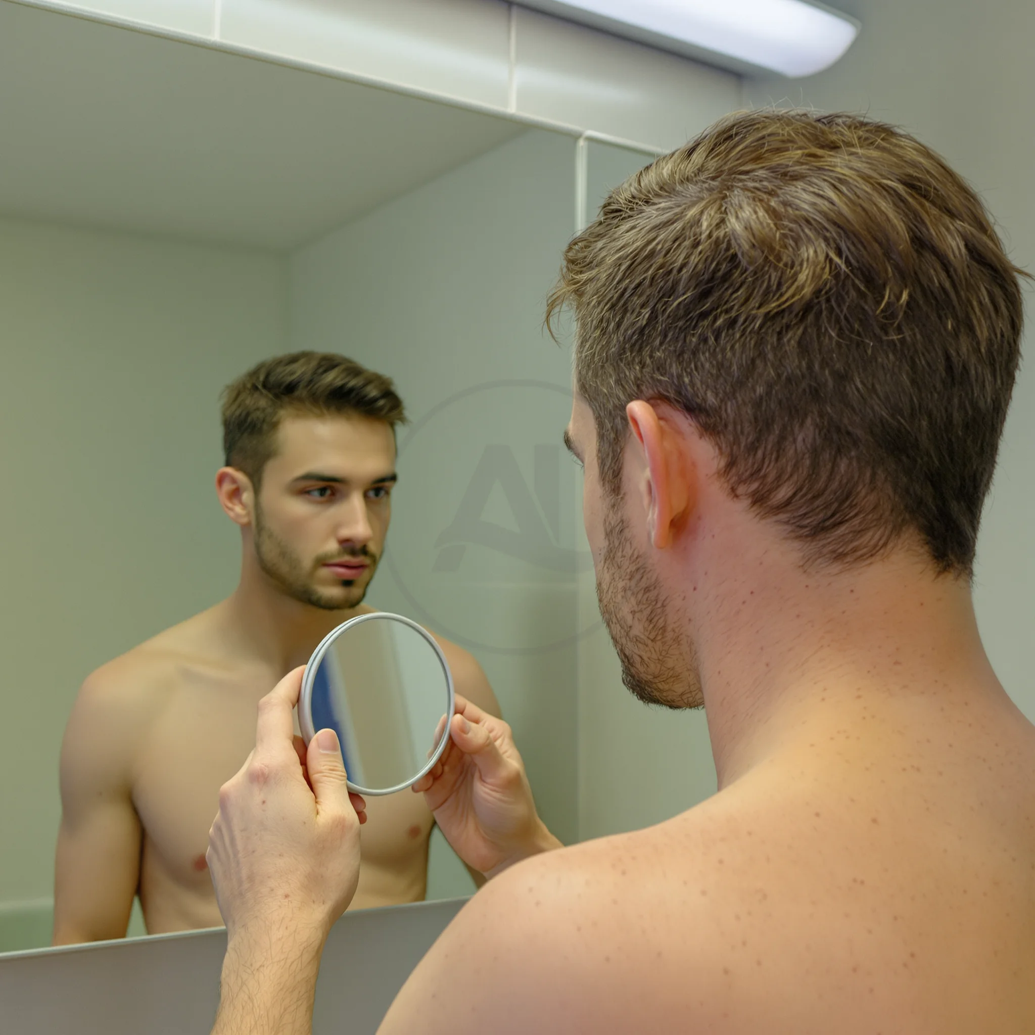 Burre duke kontrolluar vijen e flokeve me pasqyre dore ne klinike