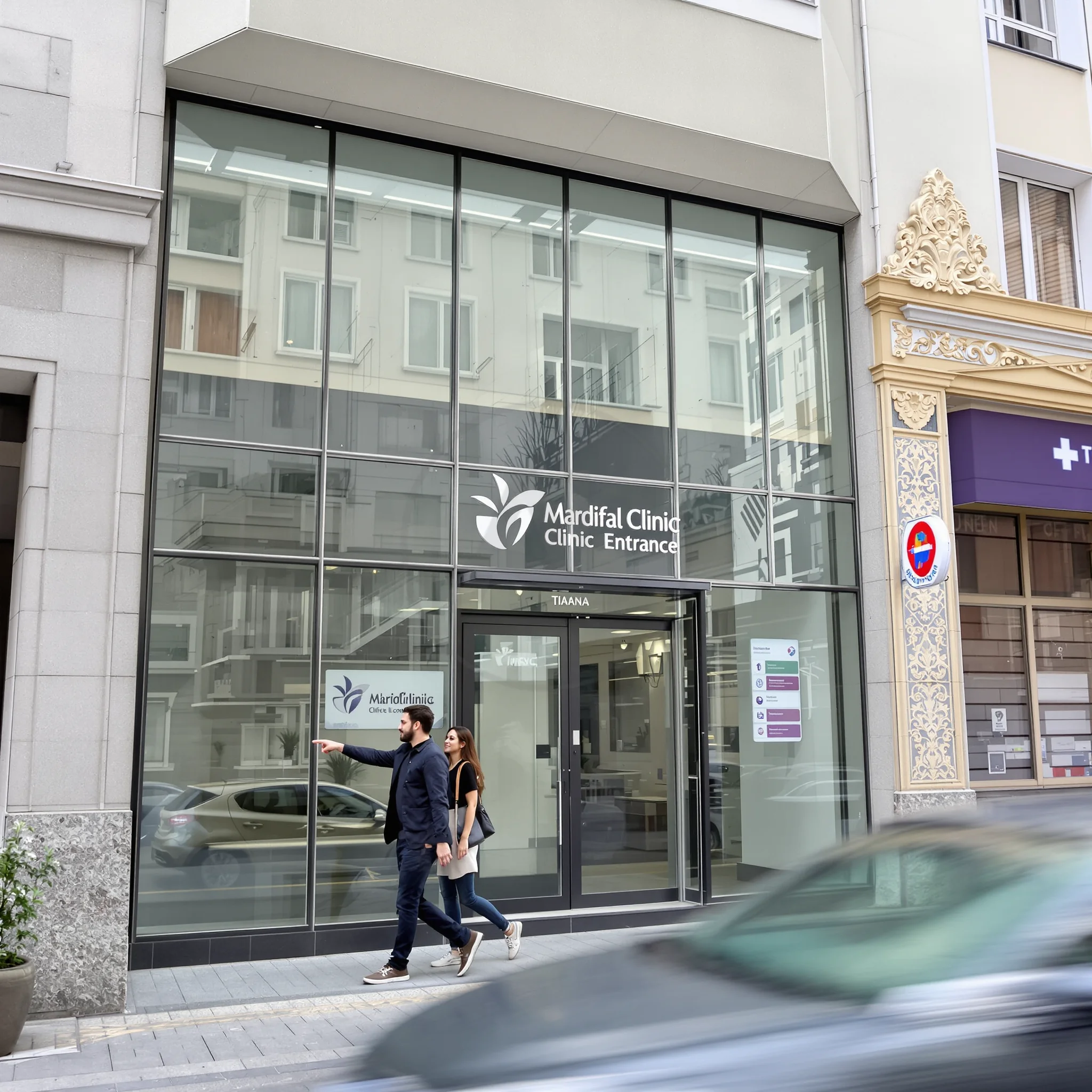 Coppia davanti a clinica moderna a Tirana