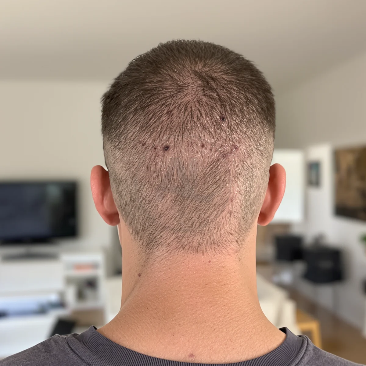 Back of the head showing the shaved donor area during healing