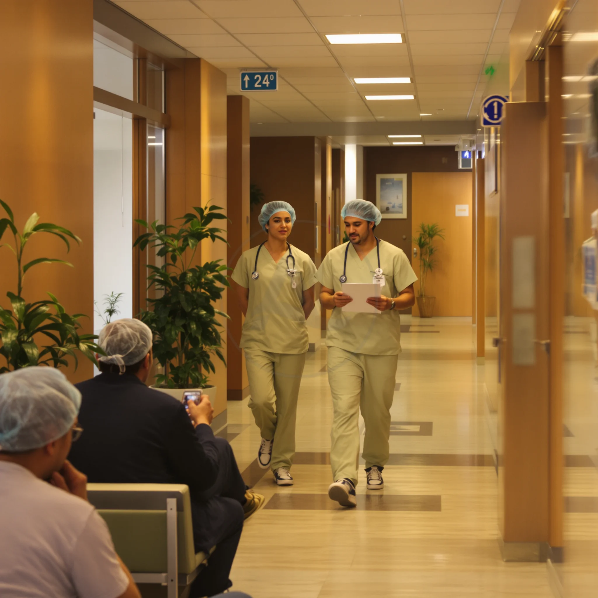 Corridoio di una clinica moderna con personale medico in servizio