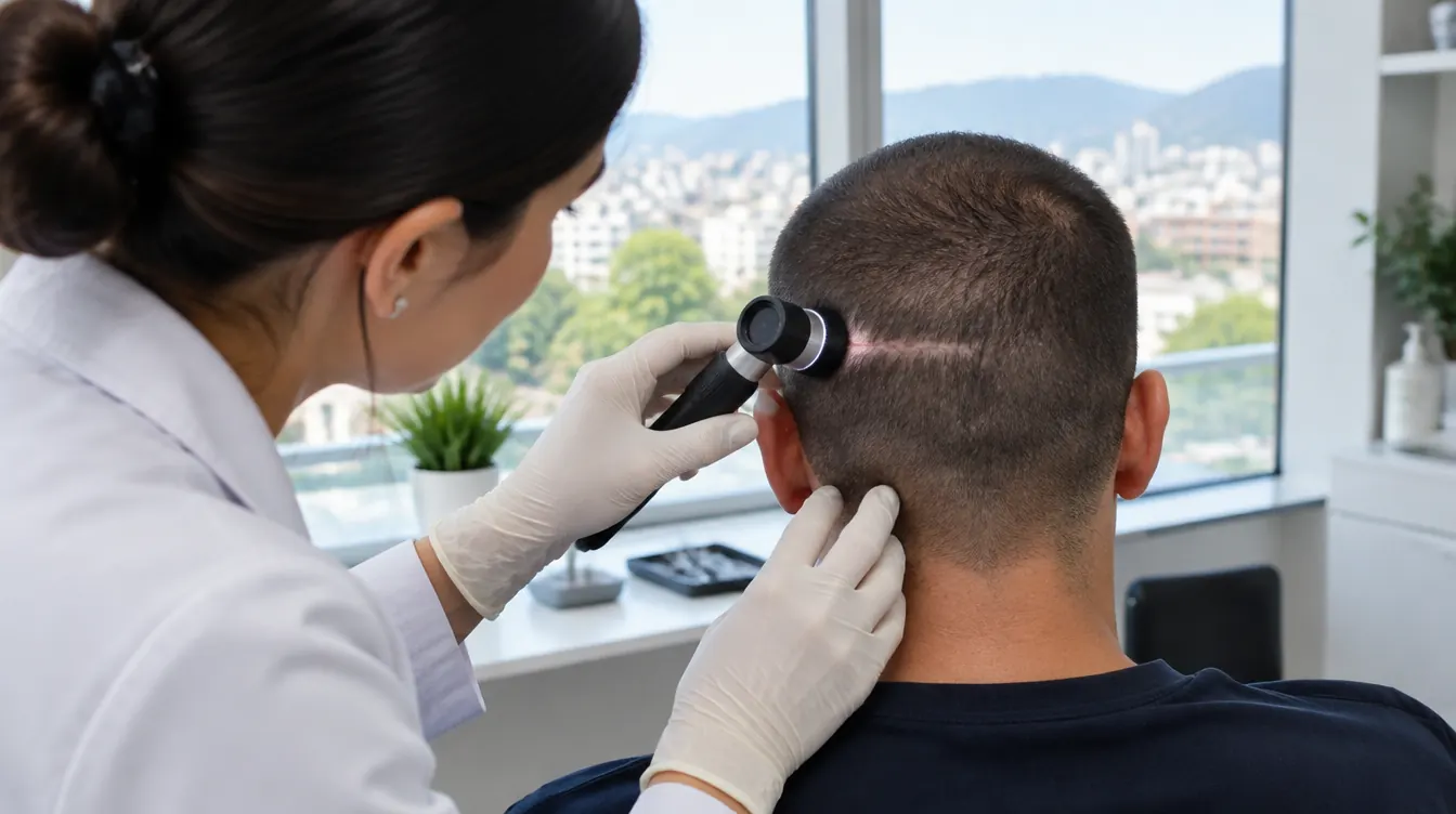 Dermatologa che controlla una cicatrice sul cuoio capelluto con un dermatoscopio